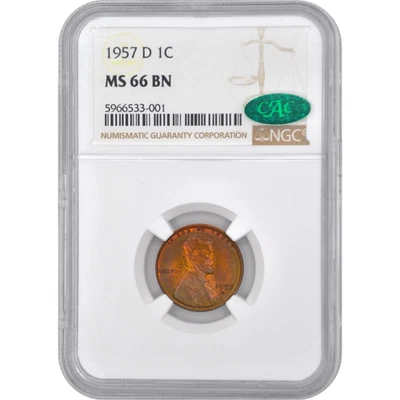1957-D 1C Lincoln Wheat Cent Penny NGC MS66BN CAC - Lovely Dual Sided Toning - Image 1 of 4