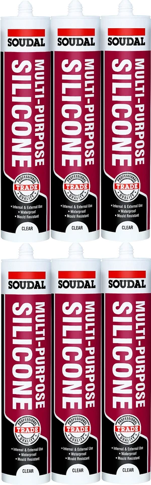Soudal Multi Purpose Silicone Sealant Waterproof Mould Resistant Clear 270ml x 6