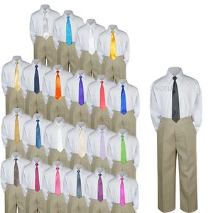3pc White Shirt Khaki Pants + Necktie Set Baby Toddler Kids Boys Formal Suit S-7 - Picture 1 of 24