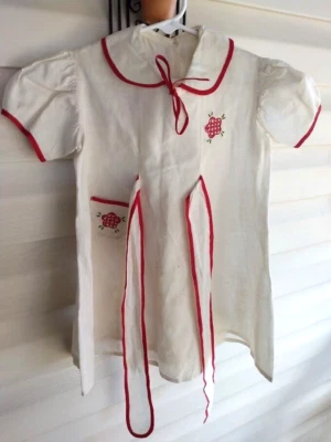 Girl Dress Beige Red Trim Flower Embroidery Tie Peter Pan Collar Vintage - Image 1 of 4