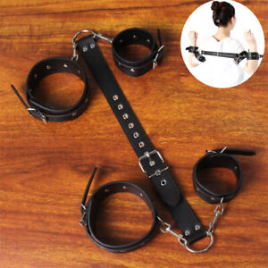 PU Leather Handcuffs Bondage Harness SM Game Slave 4 Arm Cuffs Behind Back Cuffs