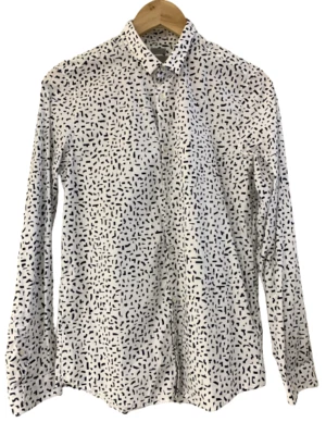 Cos Sz 37 S White Navy Geometric Long Sleeve Collared Button Up Slim Fit Shirt - Image 1 of 4