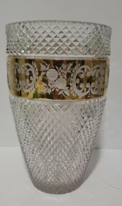 Rare Bohemian Czech Moser 24CT Gold Floral Engraved Cut To Clear  Vase 10 1/4" T - Picture 1 of 6