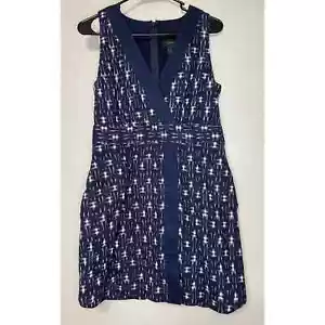 J Crew Dress Womens 4 Linen Ikat Wrap V Neck Sleeveless Navy Blue (no belt) - Picture 1 of 9