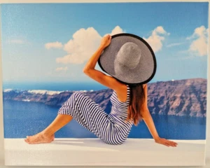 Small 10x8 Canvas Wall Art Woman Sitting Sundress Hat Blue Ocean Sky Home Decor - Picture 1 of 7