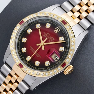 Rolex Mens DateJust Red Vignette Diamond Dial Steel -18K Gold Diamond Ruby Watch - Picture 1 of 7
