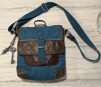 Fossil Key-Per Crossbody Bag Purse, Quilted, Canvas & Faux Leather Trim, Brown - Image 1 of 4