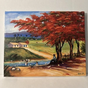 Tropische Flussszene von Katerym O - buntes karibisches Leinwandbild 15x12 - Bild 1 von 9