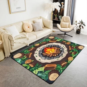Cartoon Campfire Area Rug 6'6" x 4'11" Happy Camping Classroom Rugs Green Tre... - Picture 1 of 5