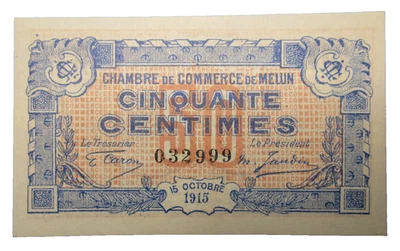 1915 CHAMBRE DE COMMERCE DE MELUN 50 CENT SMALL NOTE - image 1 of 4
