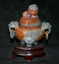 12.8" Good China Natural Agate carnelian Carved Lion Dog Incense Burner Censer