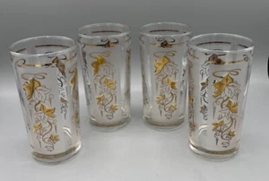 MCM Libby Gold Ivy Leaf Frosted Glasses Highball Tumblers Set Of 4 VINTAGE - Picture 1 of 5