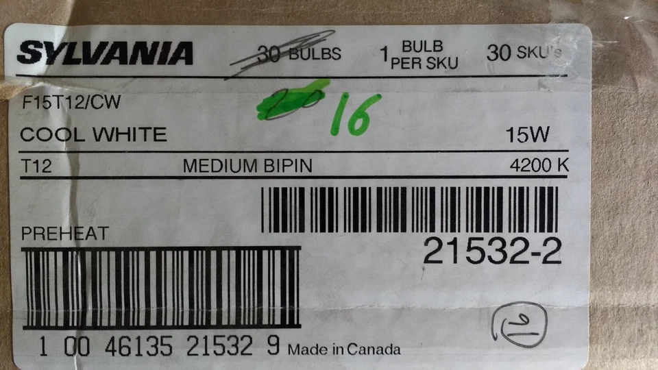 F15t12/cw Cool White Fluorescent Light Bulb 15w 18" SYLVANIA # 21532 USA 2-pcs