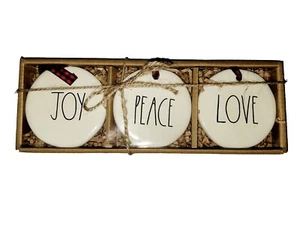 Rae Dunn Ceramic Christmas JOY PEACE LOVE Flat Ornament Buffalo Plaid Ribbon Tag - Picture 1 of 3