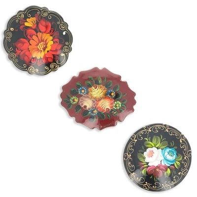 Set of 3 Hand Painted Flowers Wooden Brooches in Various Shapes 2 Inches - Image 1 of 2