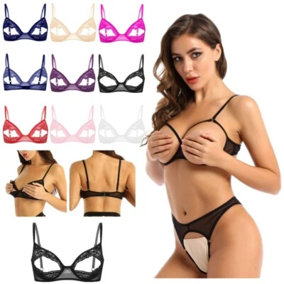 Women Floral Lace Wire-Free Bra Nipples Split Push Up Crop Top Bralette Lingerie - Image 1 of 2