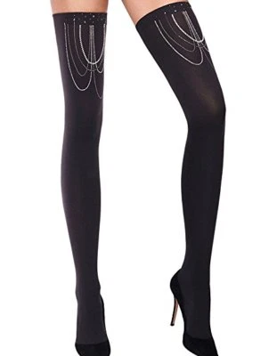 WOLFORD JEWELLED Stay-Up Thigh-High in Black Sz:M Ret:$170  New/Packaged - Image 1 of 4