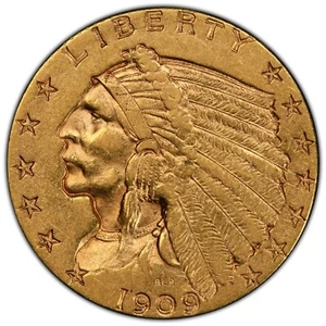 Moneda de oro 1909 $2.50 Indian Head Quarter Eagle PCGS AU55 EE. UU. como nueva - Imagen 1 de 3