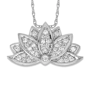 14K Solid White Gold Diamond Lotus Flower Floating Chain Slide Necklace - Picture 1 of 12