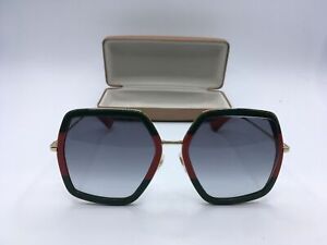 Gucci GG0106S Women's Green/Gold/Red Frame Grey Lens Geometric Sunglasses 56MM
