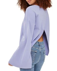 TopShop taglia USA 2 top viola spacco schiena manica a campana blusa felpa lilla nuova con etichette - Foto 1 di 3
