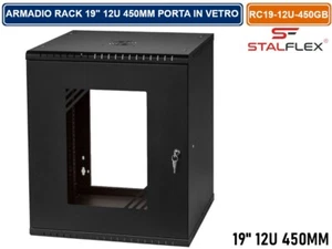 ARMADIO RACK 19" 12U 450MM A PARETE NERO RAL-9005 SPORTELLO IN VETRO REVERSIBILE - Foto 1 di 5