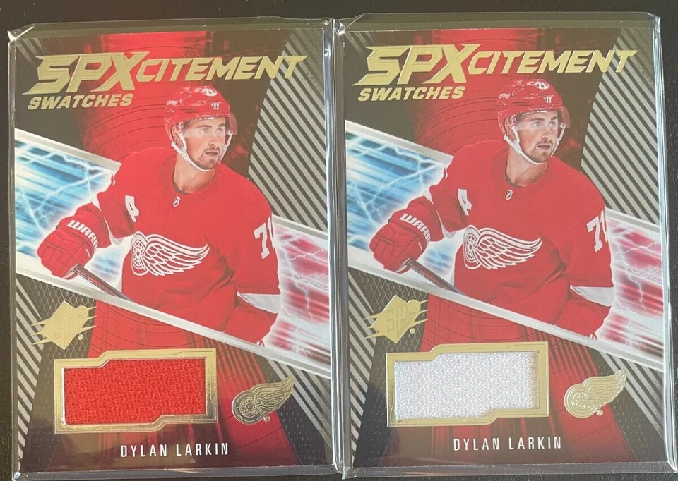 (2) Dylan Larkin 2018-19 UD SPX SPXcitement Game Used Jersey Cards (Red & White) - Image 1 of 1