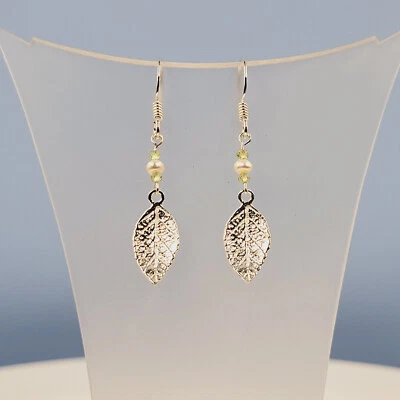 Peridot Pearl Leaf-Earrings, Leaf Design, Nature Collection, Fresh Water Pearl, - Image 1 of 4