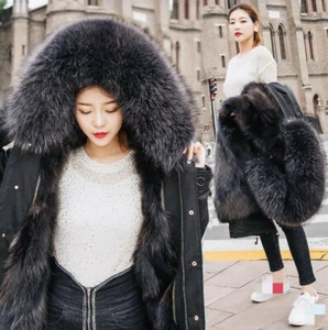 Womens Fox Fur Hooded Furry Warm Long Real Fox Fur Detachable Lined Parka Jacket - Picture 1 of 20