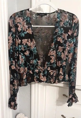 Olivaceous Sheer Black Blouse Top Floral SZ M - Image 1 of 4