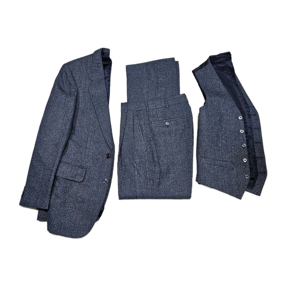 De Colección Traje de Tweed 3 Piezas A Medida Para Hombres 34S Pantalones 26x28 Blazer Abrigo Chaleco Manchado Negro Foto 1 de 4