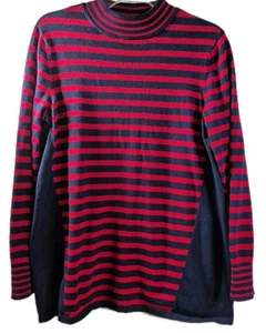 Susan Graver Women's Size M Striped Navy Red Sweater High Neck Tunic Long Sleeve - Picture 1 of 5