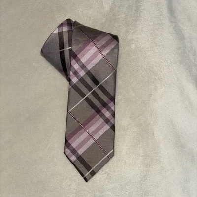 Corbata de seda con patrón de cuadros Geoffrey Beene en gris y púrpura Foto 1 de 3