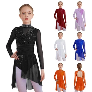 Kids Girls Costume Shiny Dancewear Fringed Dress Back Lyrical Cutout Mock Neck - Picture 1 of 83