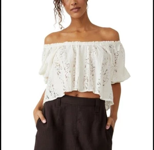 Free People Stacey Lace Square Neck Short Sleeve Top Shirt Sz S Ivory Boho NWT - Picture 1 of 9