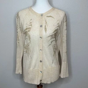 ST. JOHN Beige Semi-Sheer Cardigan Sweater MED Metallic Gold Print Quiet Luxury - Picture 1 of 9