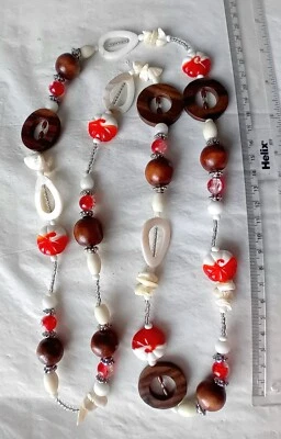 Unusual Red Cream White Brown Glass Wood Mother of Pearl Bead Necklace A43 - Image 1 of 4