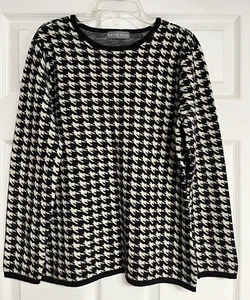 KATE HILL Black & White Houndstooth Merino Wool Blend LS Pullover Sweater Top M - Picture 1 of 11