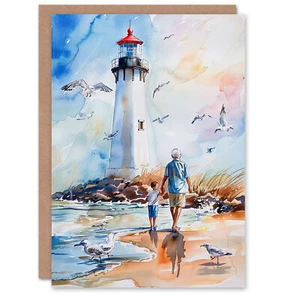 Lighthouse Seagulls Beach Walk With Grandad Retirement Card - Bild 1 von 6