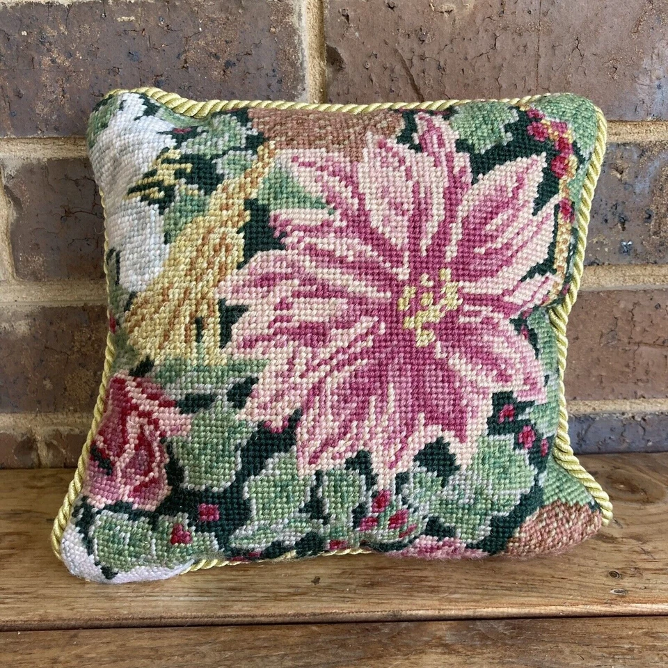 Needlepoint Throw Pillow Poinsettia Lilies Pinecone 9in Vtg Holiday Floral Wool - Image 1 of 4