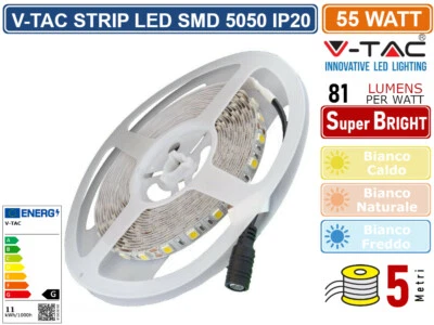 V-TAC VT-5050-60 STRISCIA LED FLESSIBILE 55W SMD MONOCOLORE 60 LED/METRO 12V 5M - Immagine 1 di 2