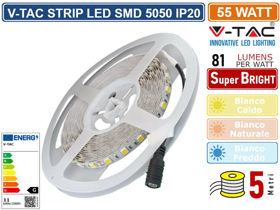 V-TAC VT-5050-60 STRISCIA LED FLESSIBILE 55W SMD MONOCOLORE 60 LED/METRO 12V 5M - Immagine 1 di 2