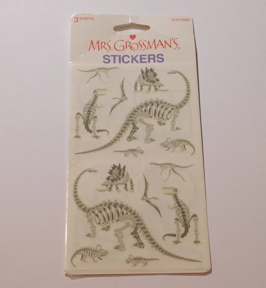 Lote de 3 hojas de pegatinas de la señora Grossman nuevas en paquete huesos de dinosaurio difícil de encontrar raro Foto 1 de 1