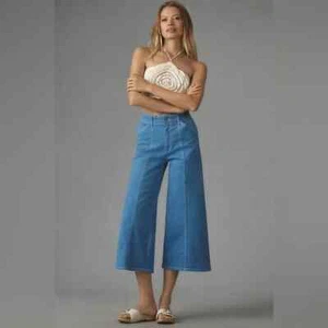 Maeve Anthropologie The Delaney Crop Clean-Seamed High-Rise Wide-Leg Jeans Blue - Picture 1 of 10