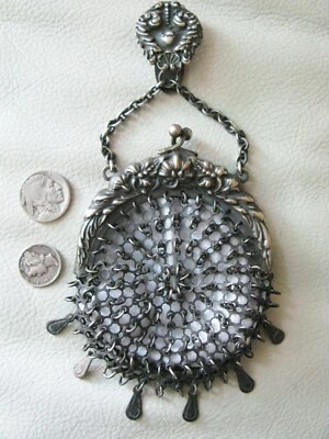 Antique Silver Floral Chatelaine Belt Clip Fancy Chain Mail Kilt Coin Purse - Image 1 of 4