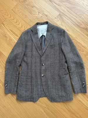 Blazer Massimo Dutti Hombre Tela Italiana Lino Extrafino Marrón Cuadros Talla 38 Foto 1 de 4