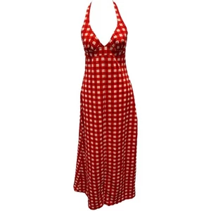 Maxi prendisole donna vintage anni 70 rosso e bianco cravatta gingham collo alto XS/S - Foto 1 di 14