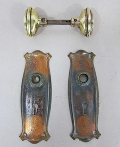Antique Art Deco Copper & Brass Door Knobs & Finger Plates Set Vintage 1930s  b - Picture 1 of 6