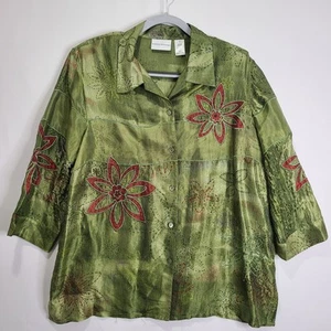 Alfred Dunner 100% Silk Green Boho Beaded 3/4 Sleeve Button Blouse Floral Sz16 - Picture 1 of 19