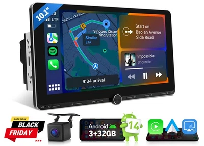 10.1" Touchscreen Double DIN Car Stereo Android 14 WiFi 6 Bluetooth 5.4 FM Radio - Image 1 of 4